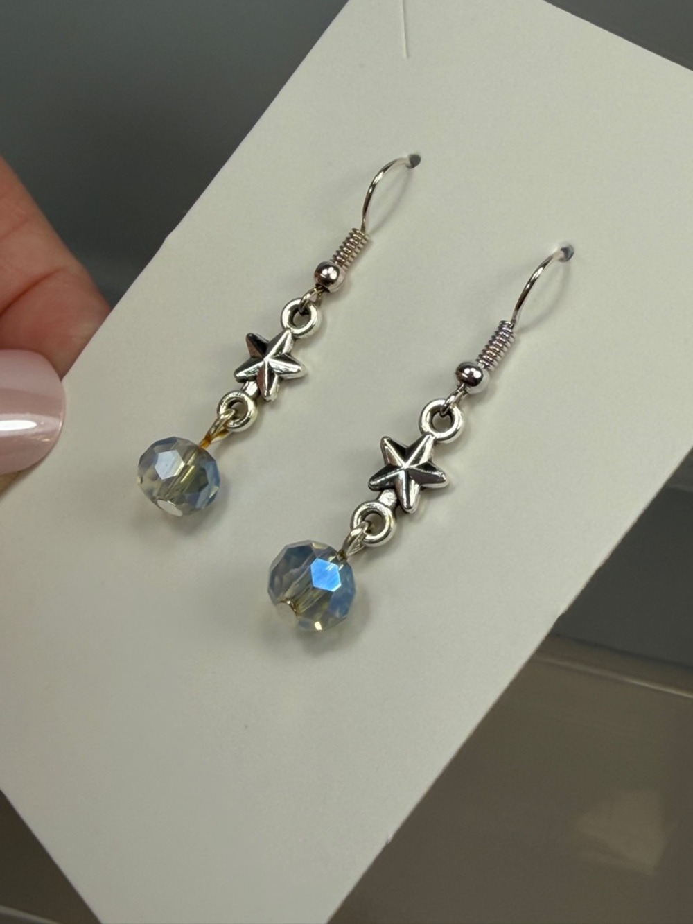Dainty Silver Star Drop Earrings with Iridescent Beads